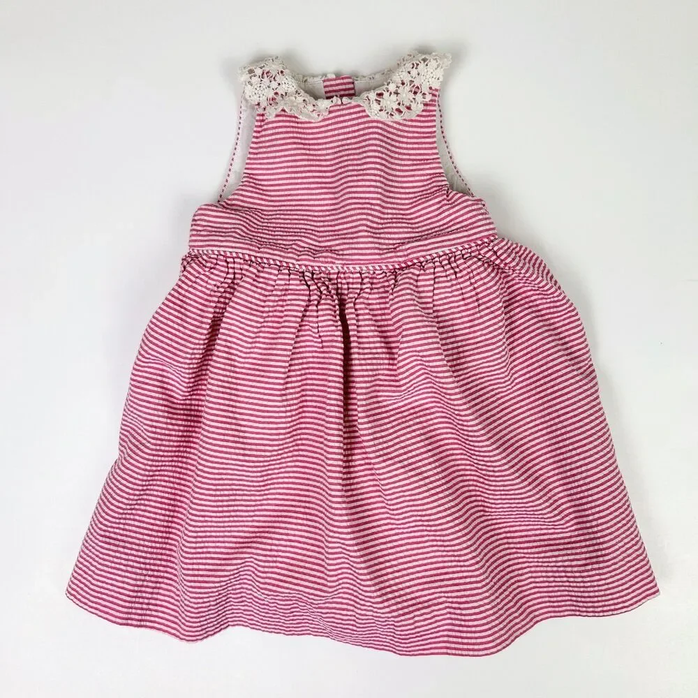 Ralph Lauren Pink White Stripe Seersucker Lace Collar Flouncy Baby Dress 12 Mnth